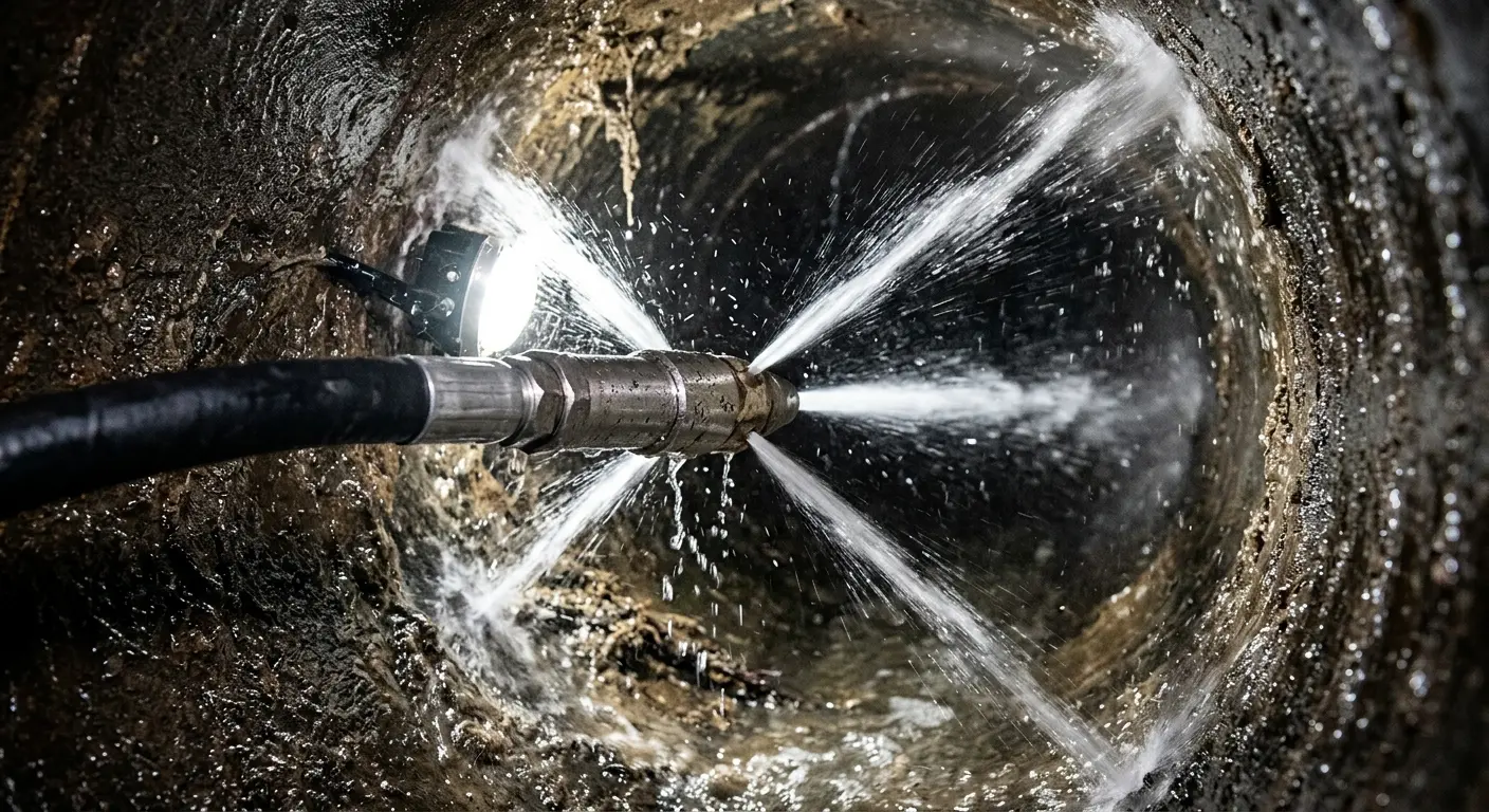 High-pressure hydro jetting nozzle cleaning sewer pipe for Sewer Cleanout in Lacombe