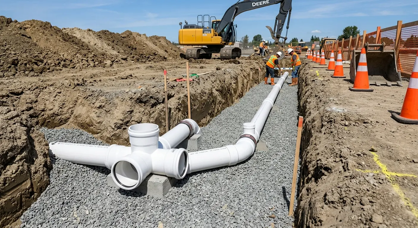 New PVC sewer pipe installation in open trench for Sewer Backup in Lacombe