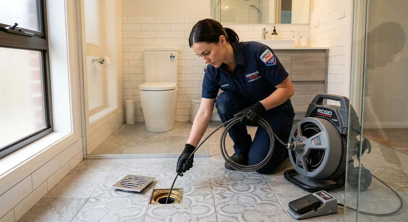 Technician clearing a bathroom floor drain for Drain Cleaning in Lacombe